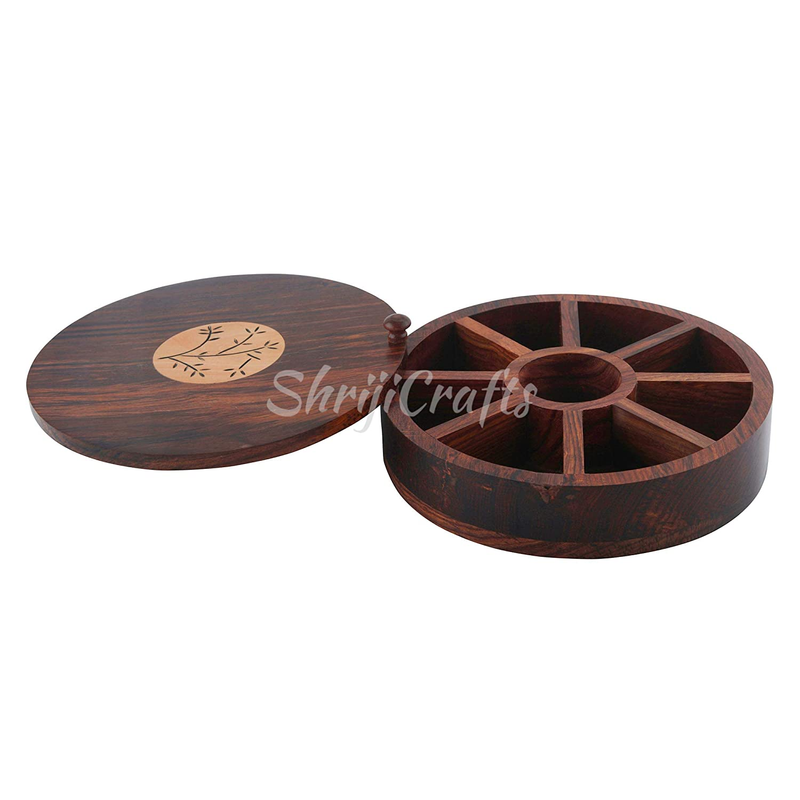 Ortus Arts® Sheesham Wood Spice Box with Floral Burnt Design (9 Partitions) - Masala Dabba Spice Rack Holders/Container Wooden Masala Box for Kitchen Masala Dani"MADE IN INDIA"