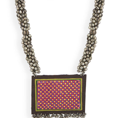 Pink hand embroidered traditional wooden neckpiece for women